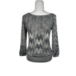 INC Gray/Black/Silver Chevron Design Scoop Neck 3/4 Sleeve Knit Sweater Small